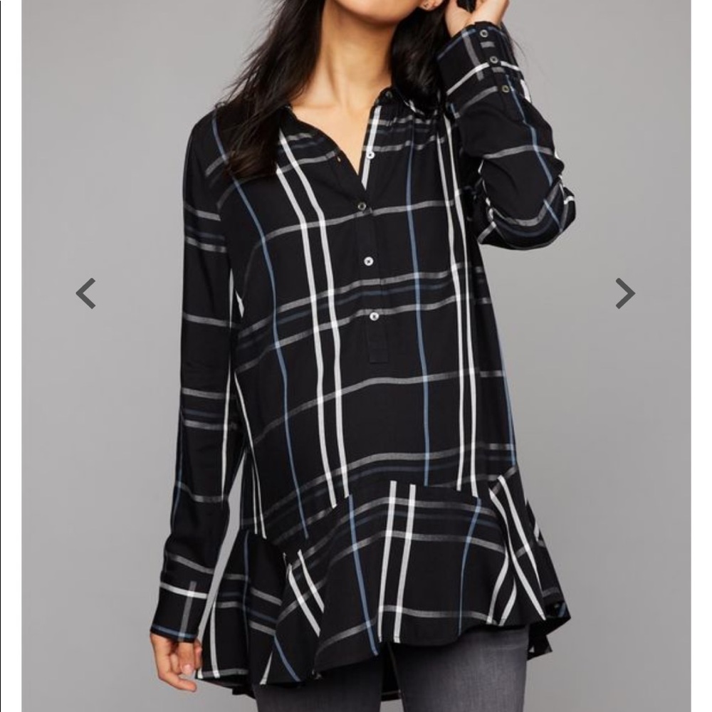 Denim ruffle hem plaid/flannel maternity tunic- S